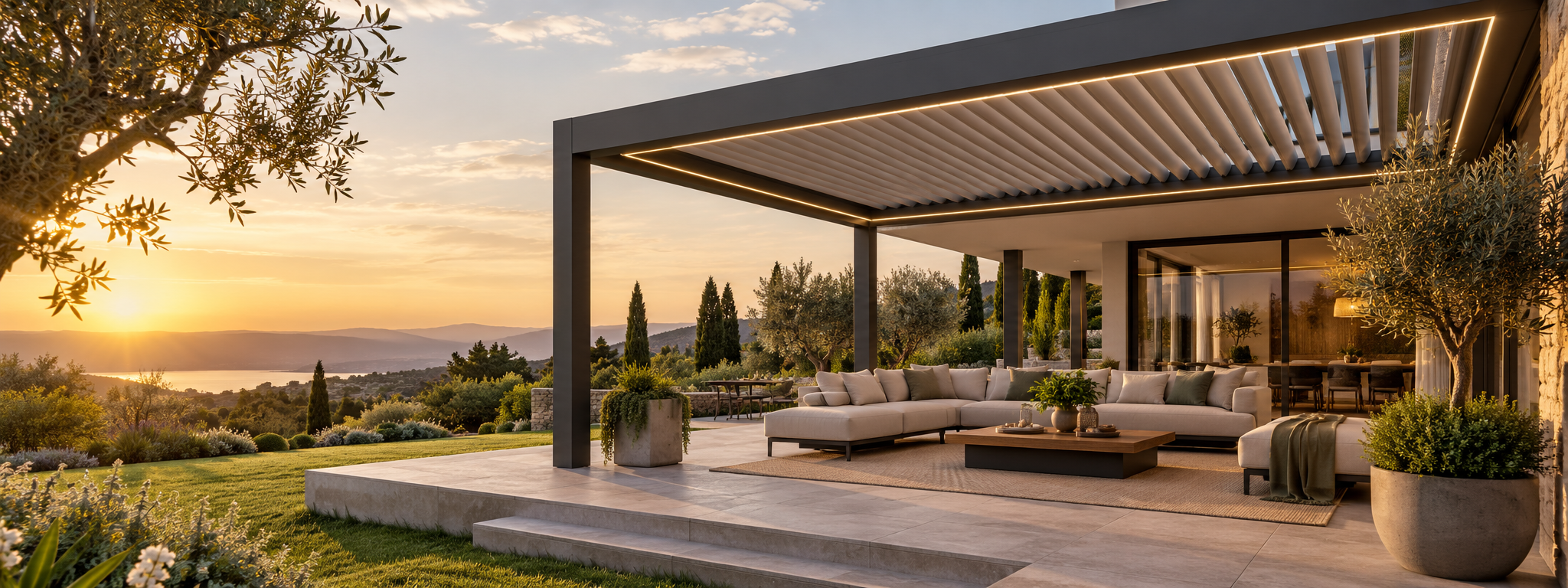 Pergola bioclimatica bianca su una terrazza con vista lago