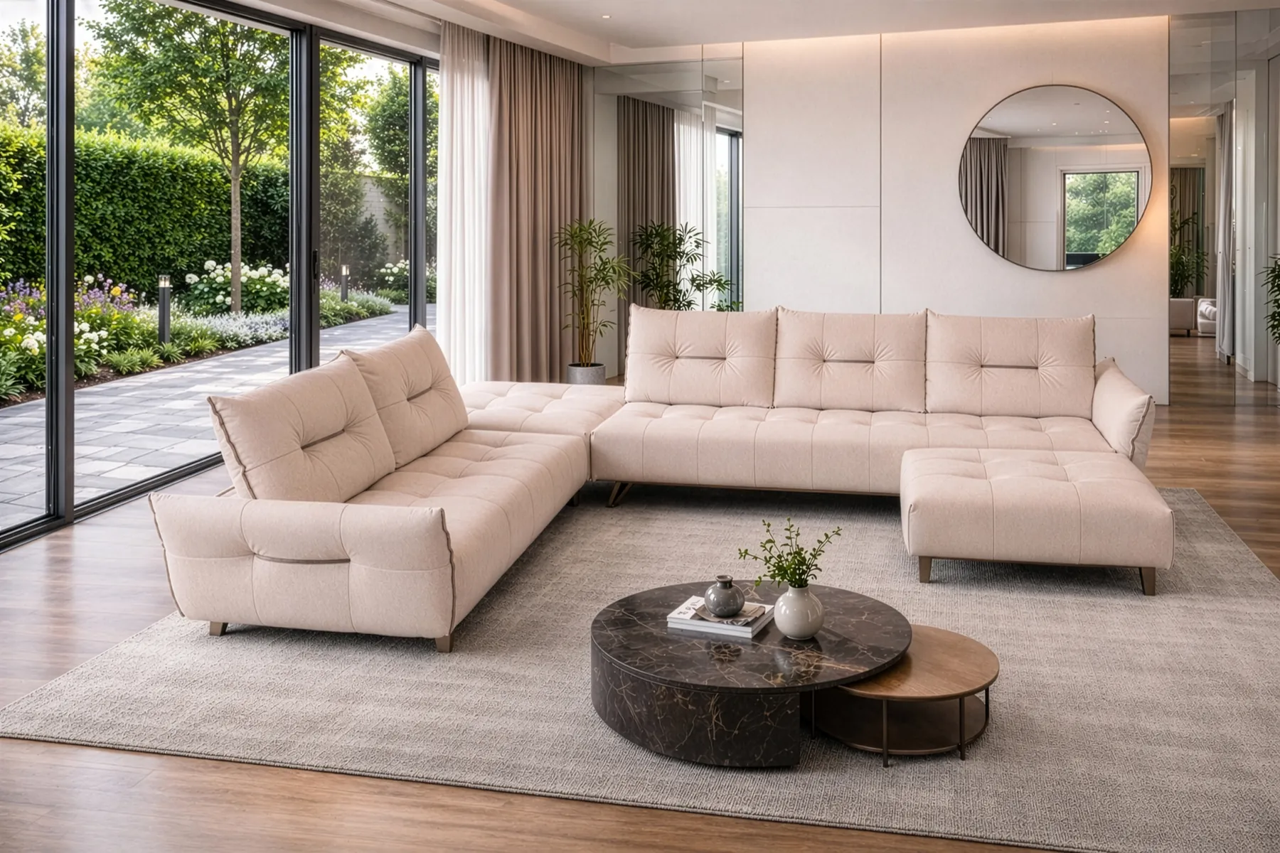 Divano angolare Binomi Prestige in tessuto rosa cipria con pouf, in un soggiorno affacciato sul giardino