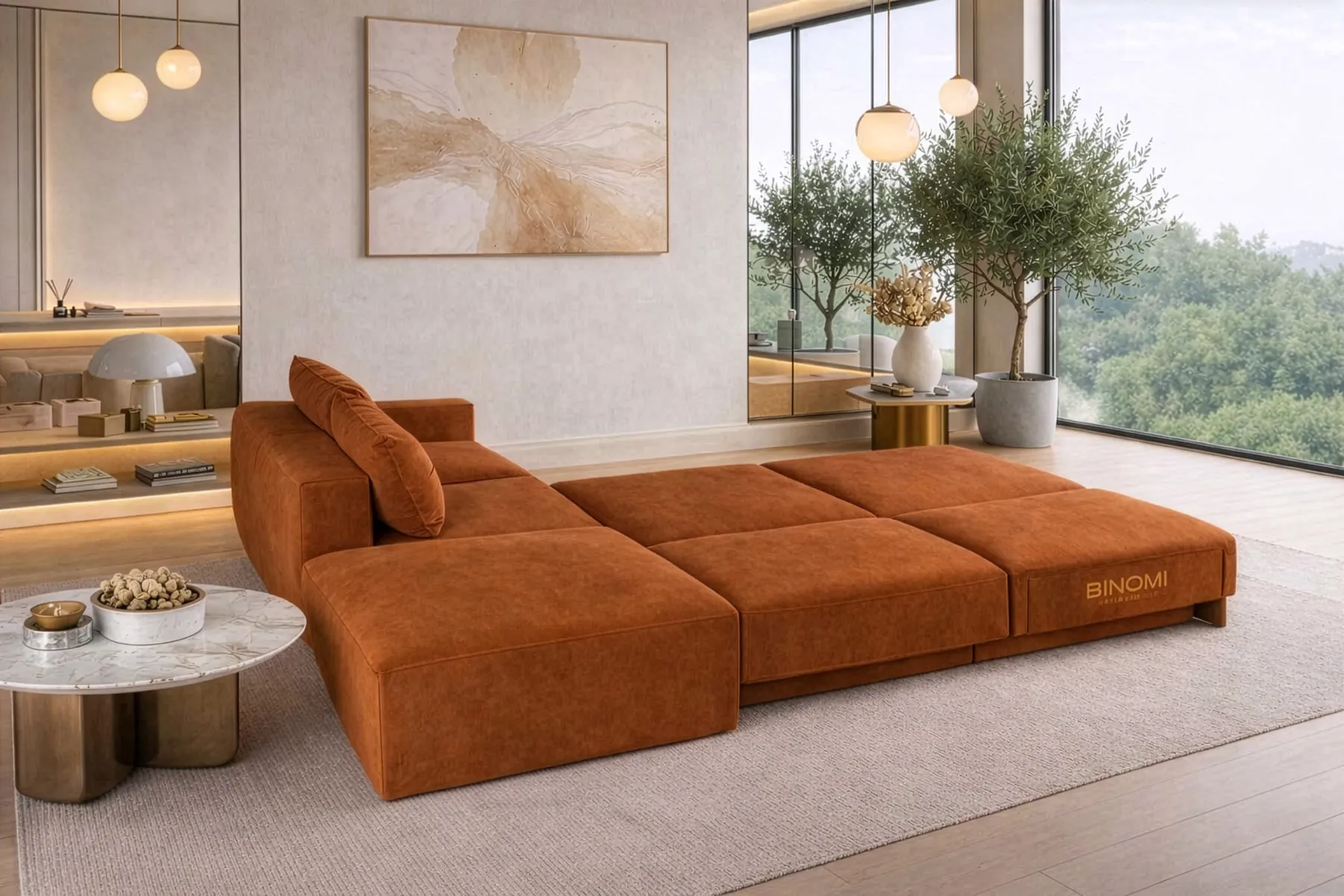 Divano modulare Binomi Elite in velluto color ruggine con i moduli affiancati